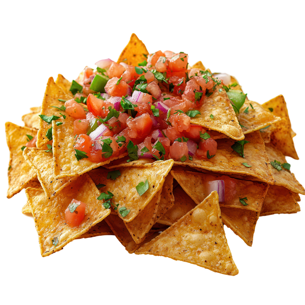 Delicious nachos topped with fresh salsa, cilantro, and diced vegetables at a festive gathering isolated on transparent background png