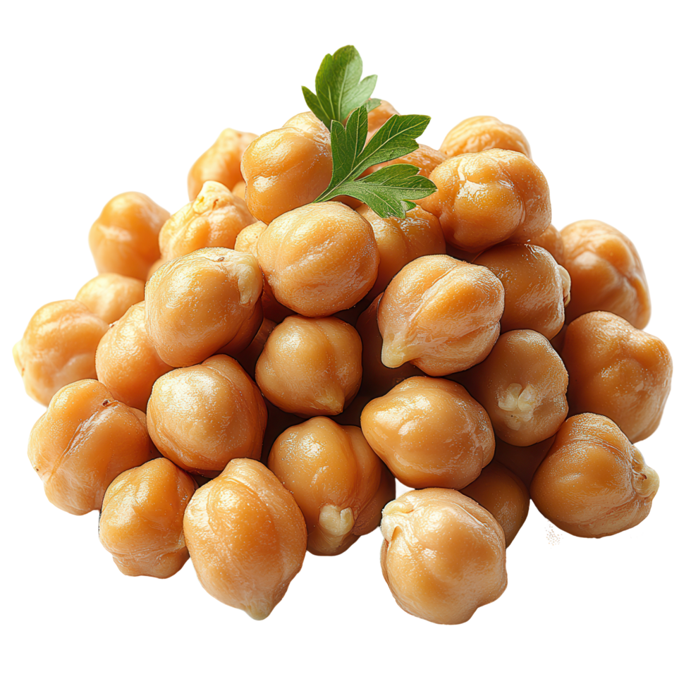Chickpeas stacked on a white surface with a fresh herb garnish showing their natural color and texture isolated on transparent background png