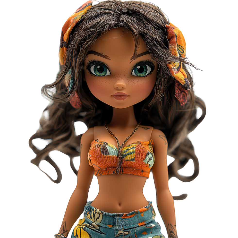 Doll with long hair and stylish outfit poses against a white background during a playful fashion display isolated on transparent background png