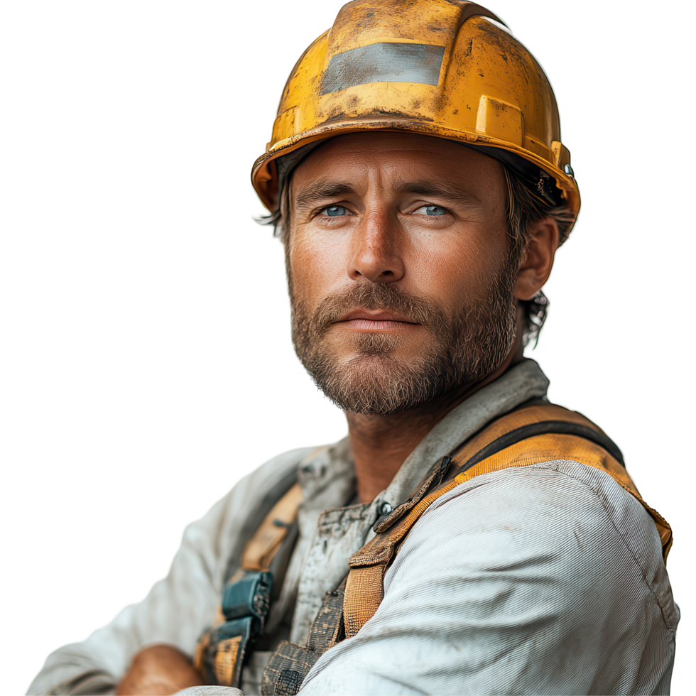 Construction worker wearing a hard hat poses confidently on a job site with a serious expression during daylight hours isolated on transparent background png