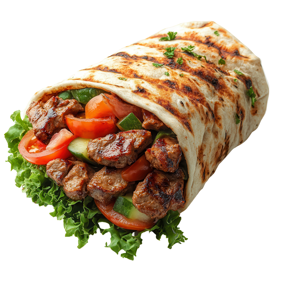 Delicious wrap filled with grilled meat, fresh vegetables, and herbs from a local restaurant isolated on transparent background png