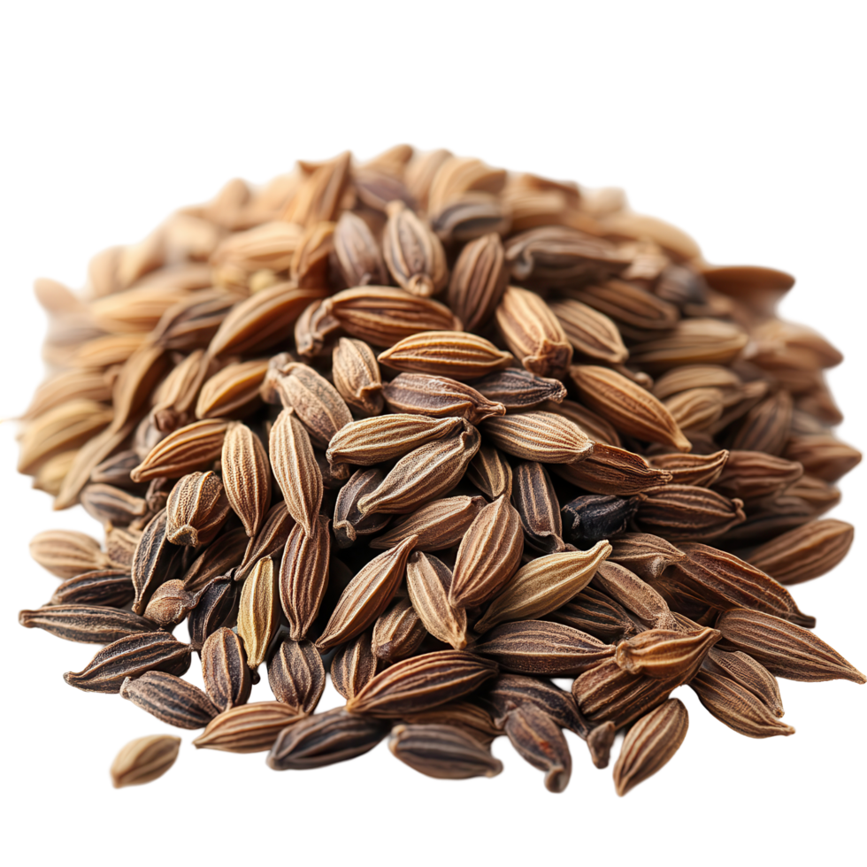 Whole cumin seeds displayed in a close-up arrangement on a clean surface capturing their natural texture and color variations isolated on transparent background png