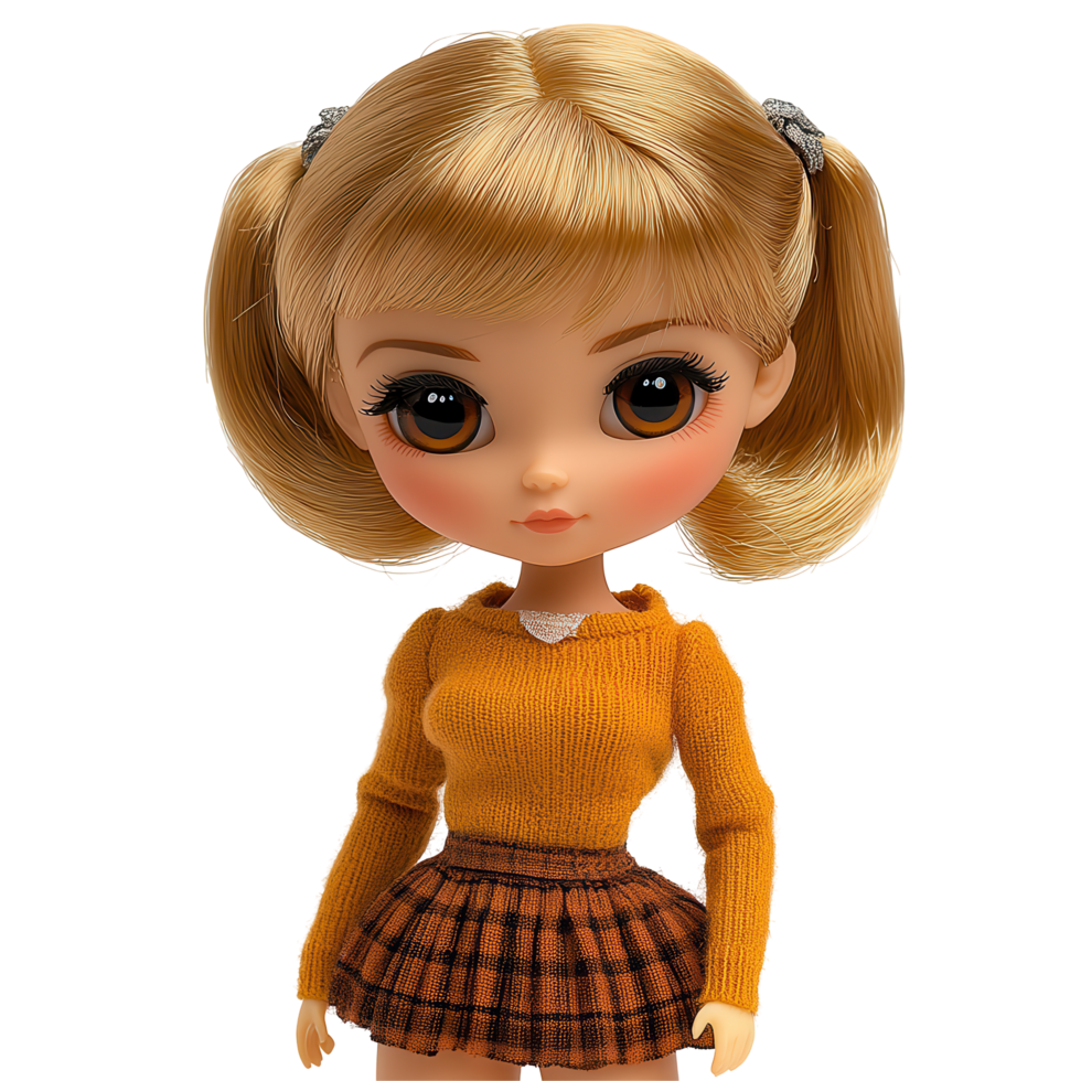 Stylish doll with golden hair in a cozy outfit stands against a white background isolated on transparent background png