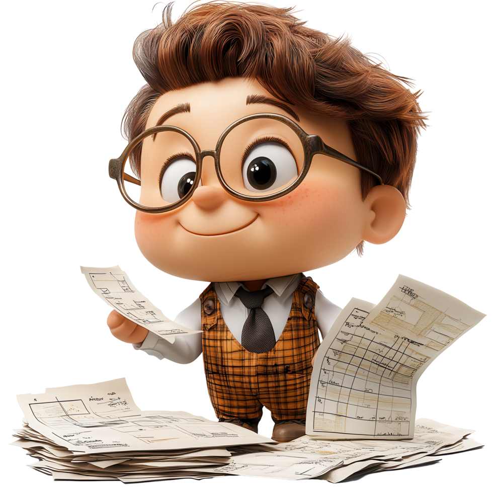 Young boy with glasses joyfully organizing paperwork while surrounded by documents in a workspace isolated on transparent background png