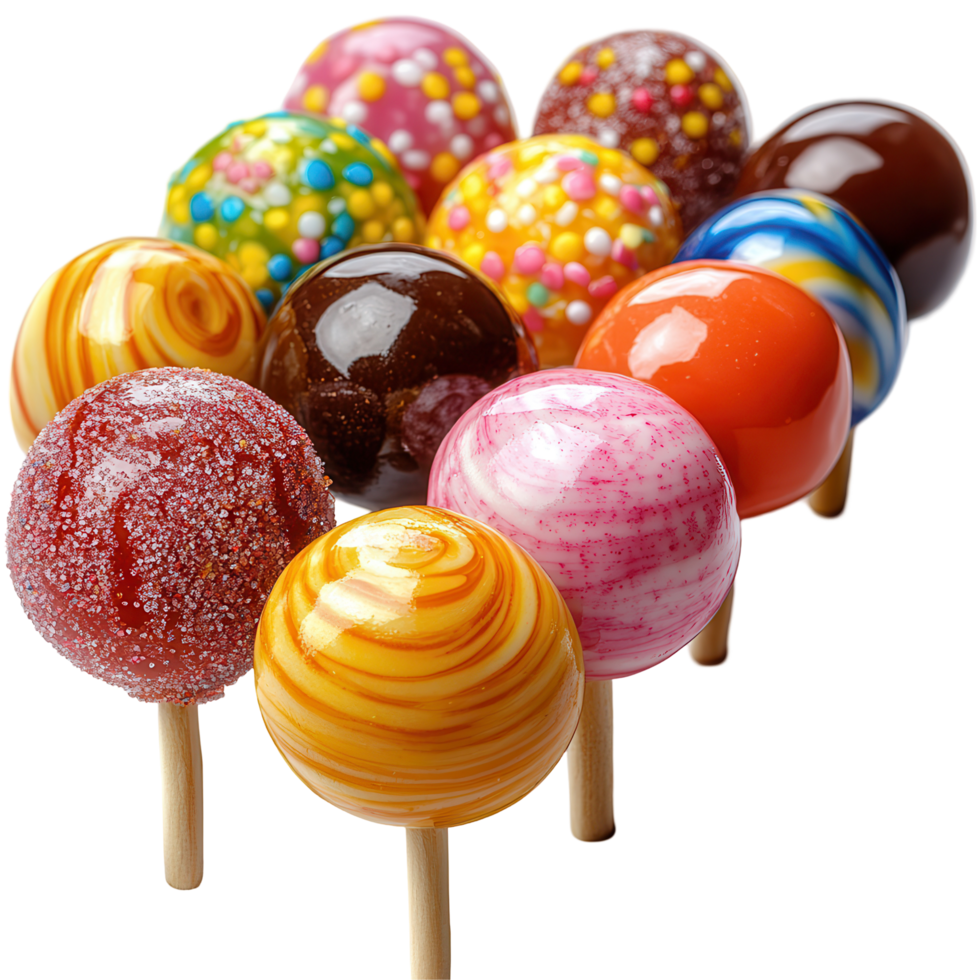 Colorful assortment of candy lollipops displayed on sticks at a festive gathering isolated on transparent background png