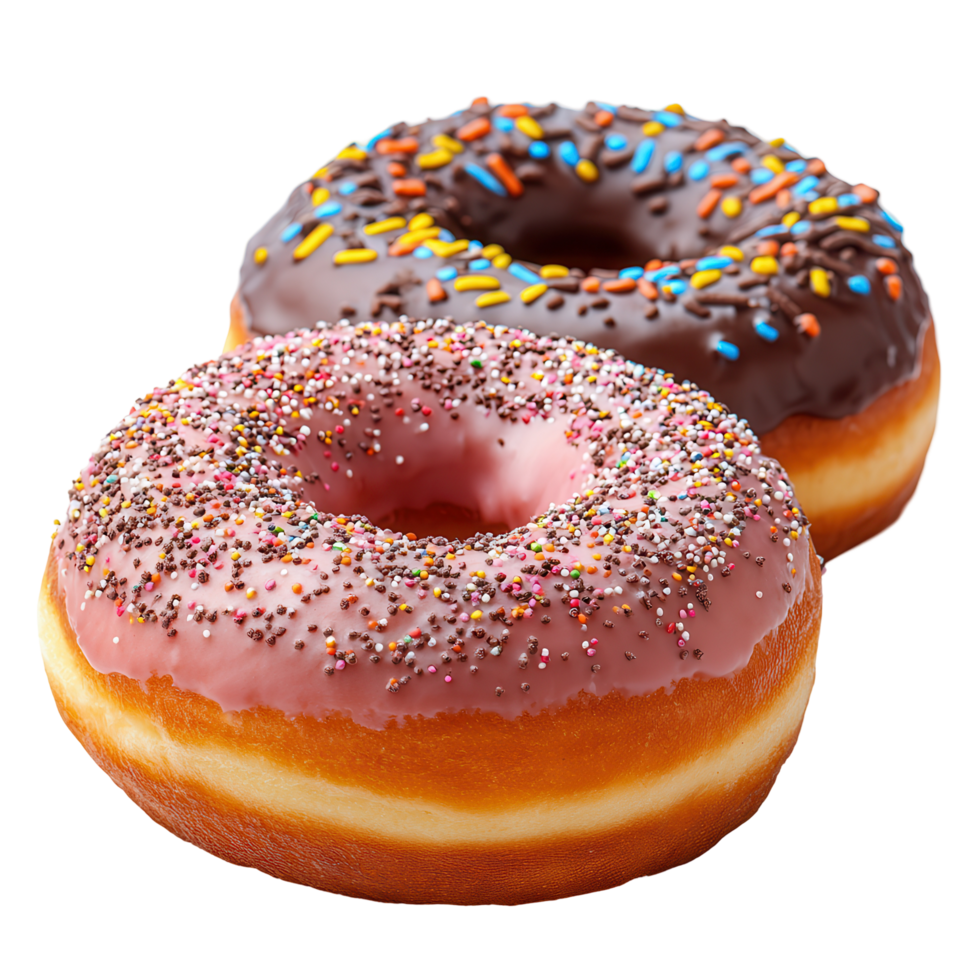 Delicious donuts on display with colorful icing and sprinkles prepared for a sweet snack isolated on transparent background png