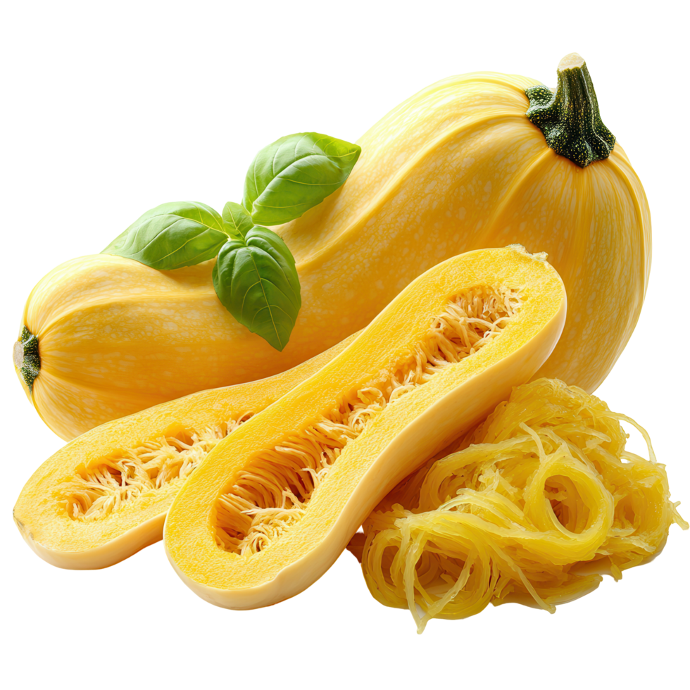 Fresh spaghetti squash with vibrant yellow color and basil leaves displayed on a light background isolated on transparent background png