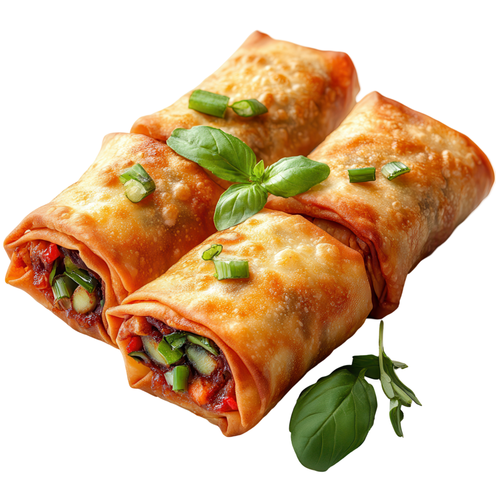 Deliciously crispy vegetarian spring rolls filled with fresh vegetables and herbs on a white background isolated on transparent background png