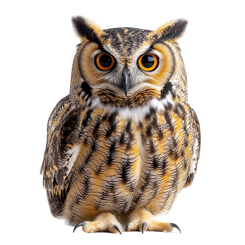 Majestic owl perched in a life-like stance, showcasing intricate feather patterns and vibrant eyes in a natural setting isolated on transparent background png