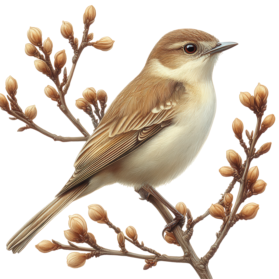 Beautiful small bird perched on a flowering branch in early spring daylight isolated on transparent background png