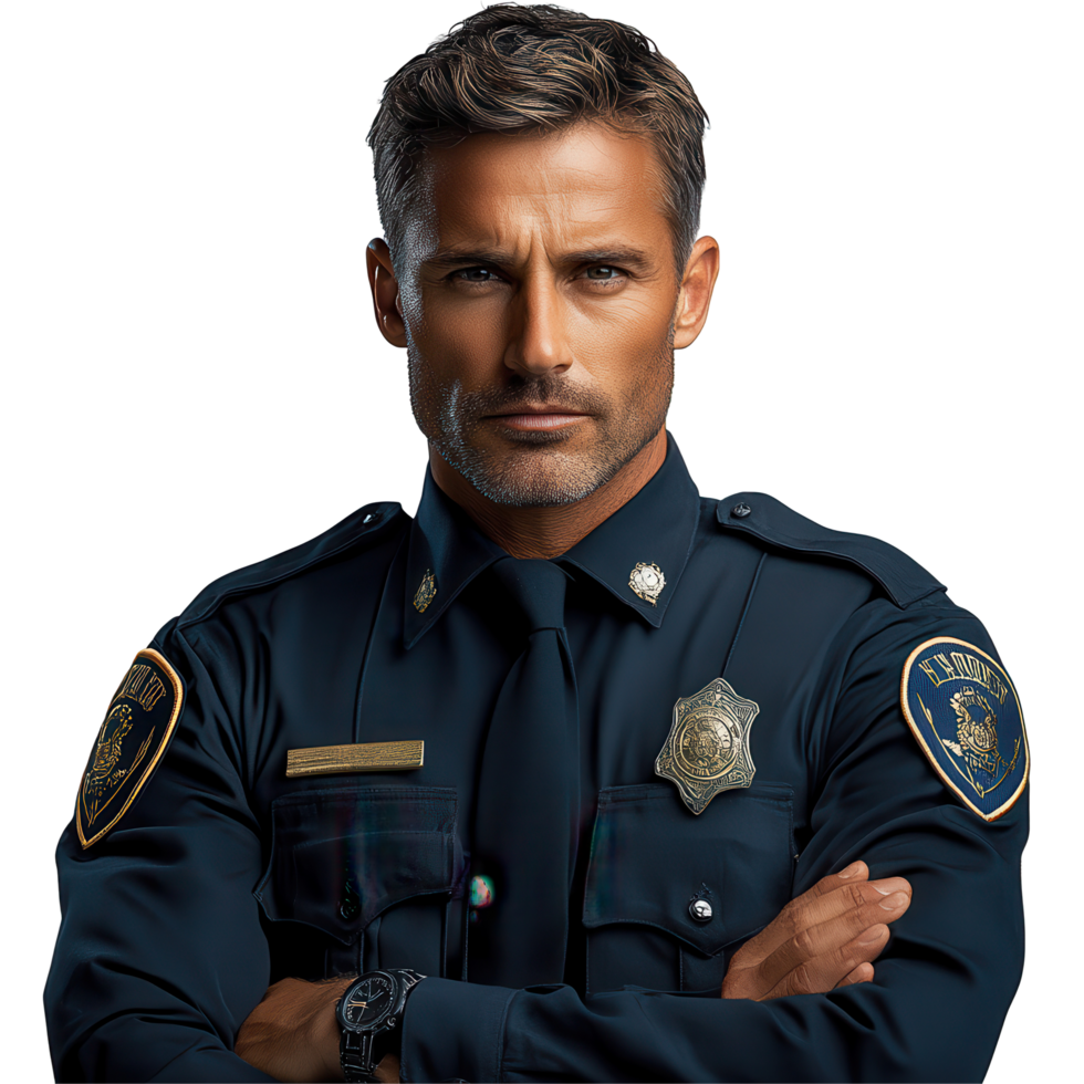 Confident police officer in uniform poses for a portrait showcasing dedication to law enforcement and community safety isolated on transparent background png