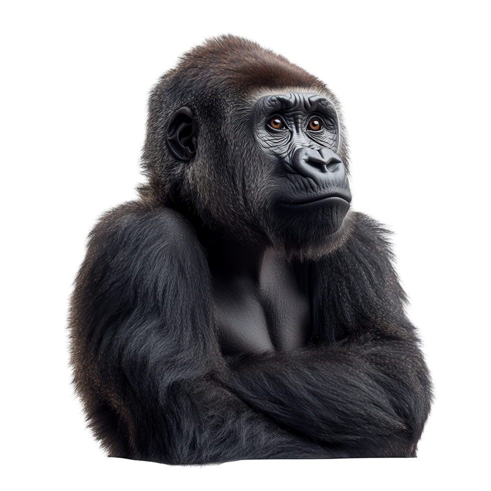 Majestic gorilla sitting with a thoughtful expression against a white background in a close-up view isolated on transparent background png