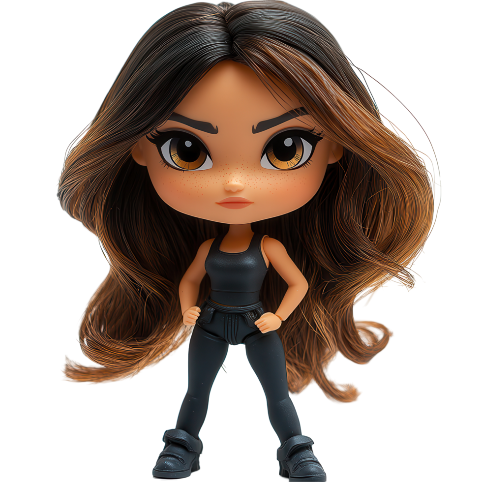 Stylish action figure with long hair and confident pose in a dynamic setting isolated on transparent background png