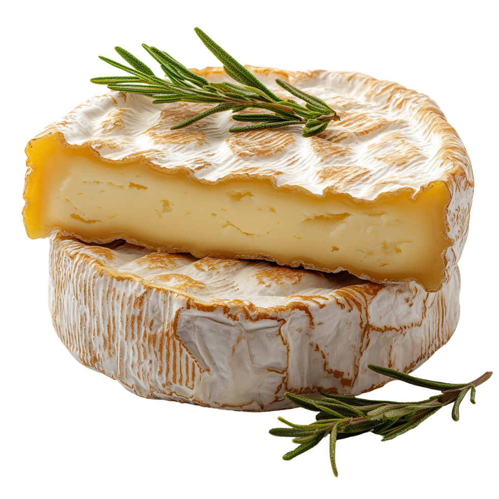 Distinctive round cheese with creamy center and fresh herbs on the side isolated on transparent background png