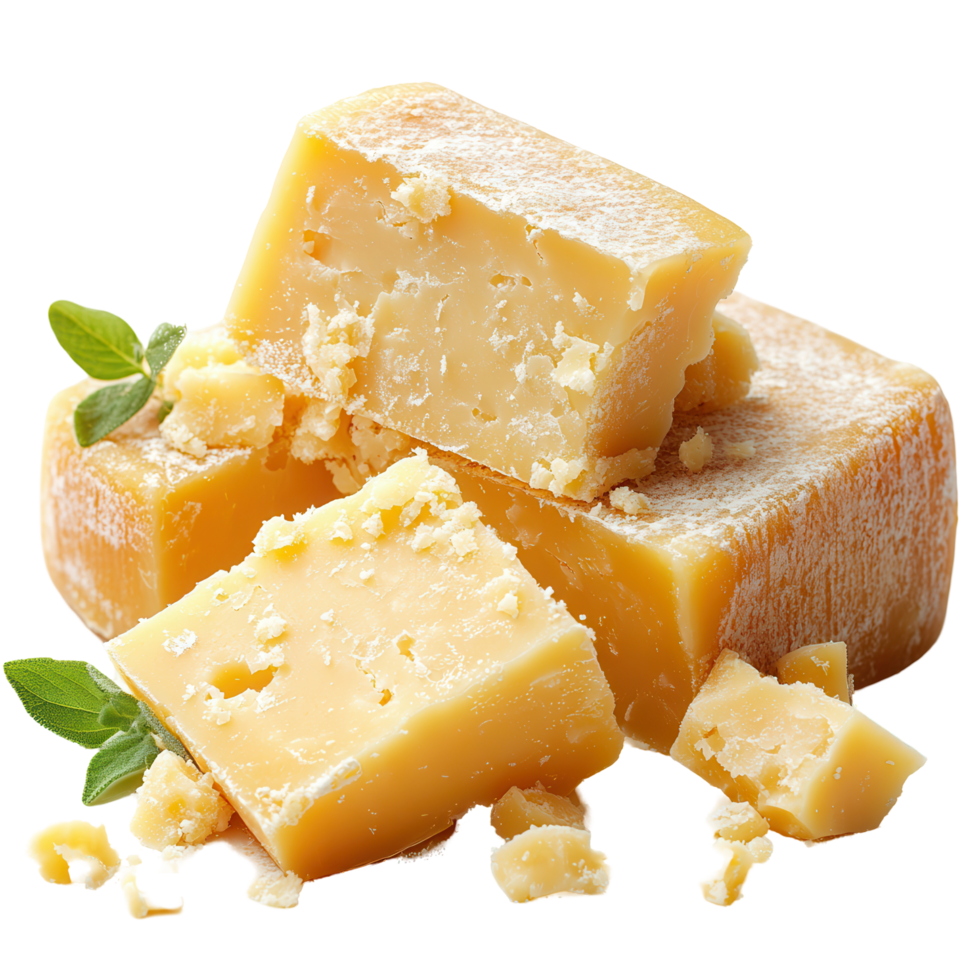 Savory cheese blocks displayed with fresh herbs on a white background in a culinary setting isolated on transparent background png