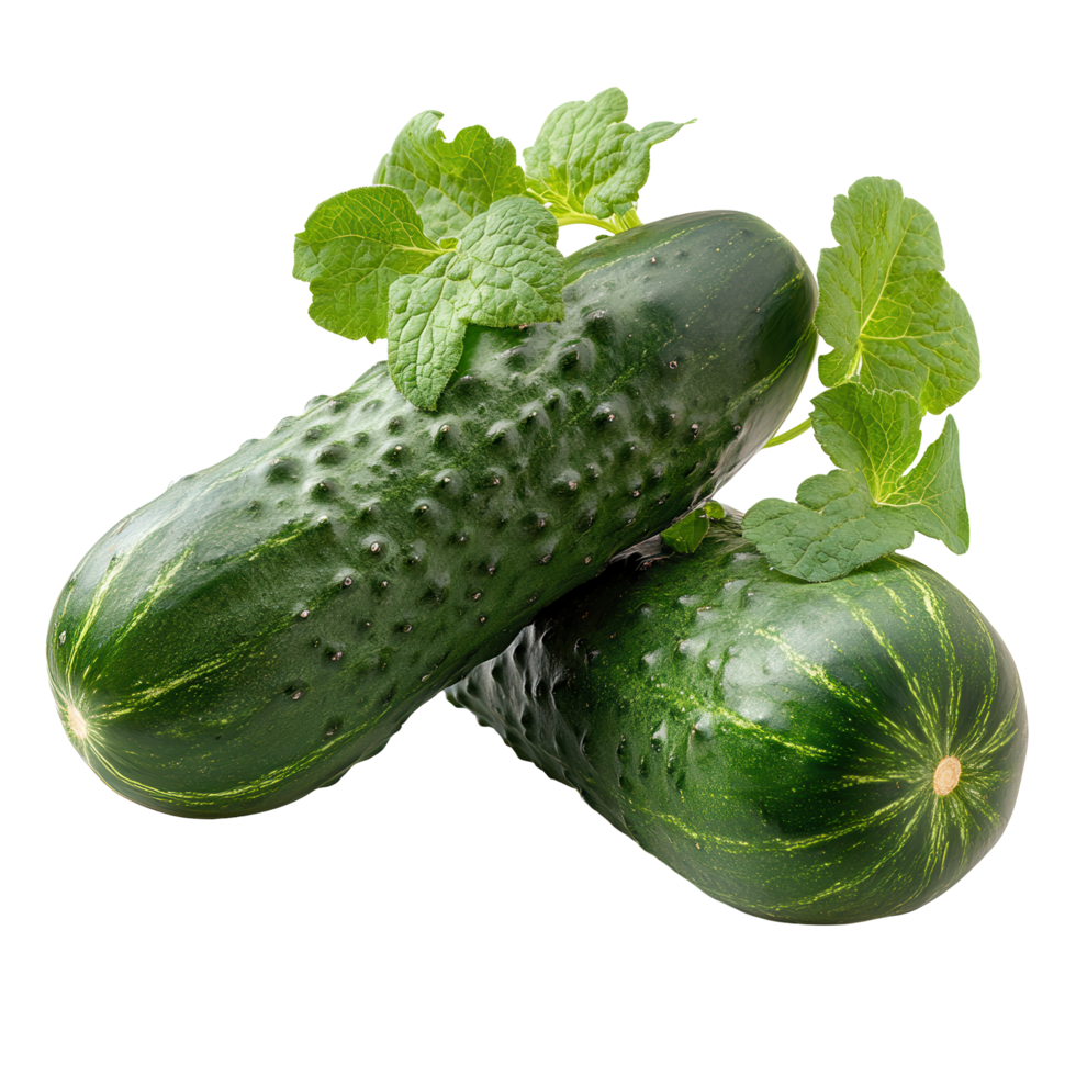 Fresh cucumbers with green leaves on a white background showcasing their smooth texture and vibrant color isolated on transparent background png
