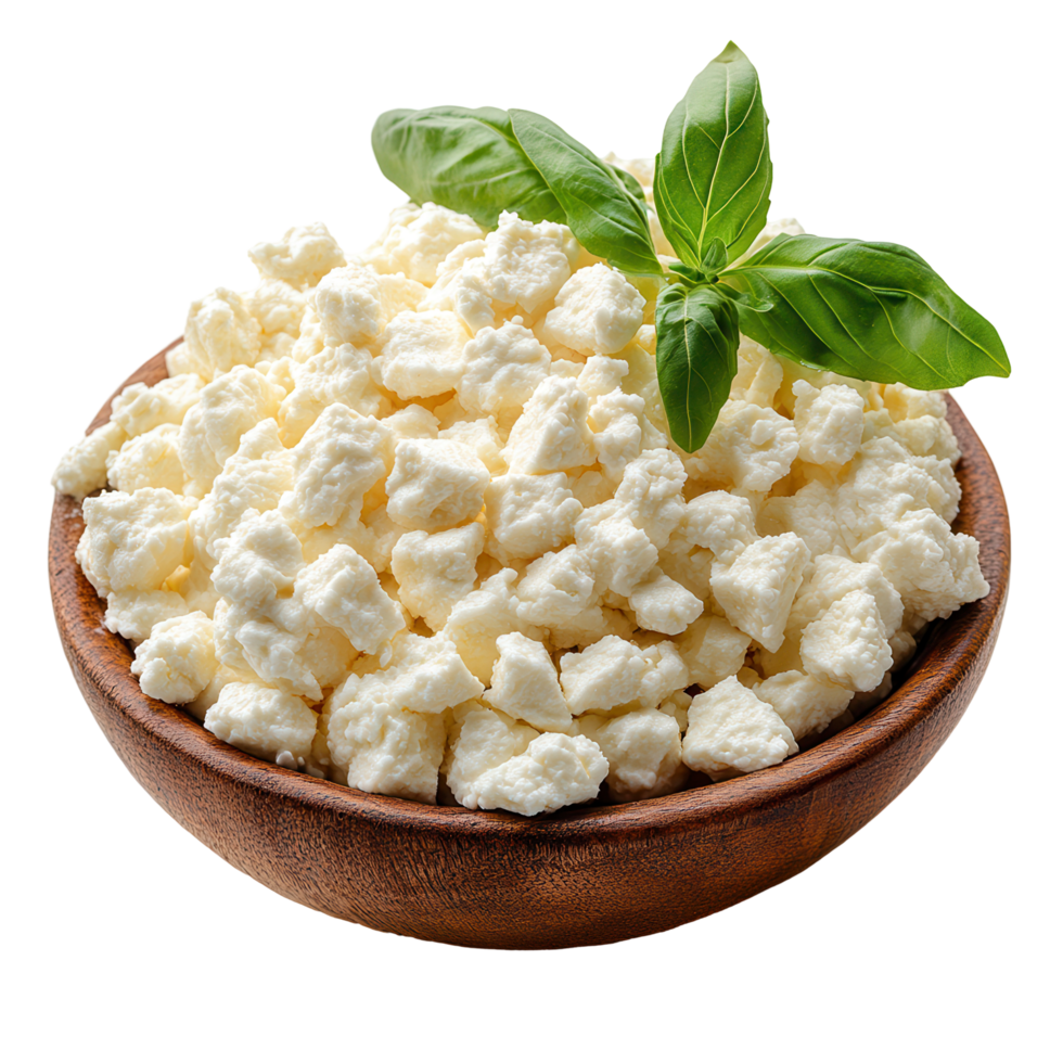Cottage cheese served in a wooden bowl with fresh basil, ideal for healthy meals or snacks isolated on transparent background png