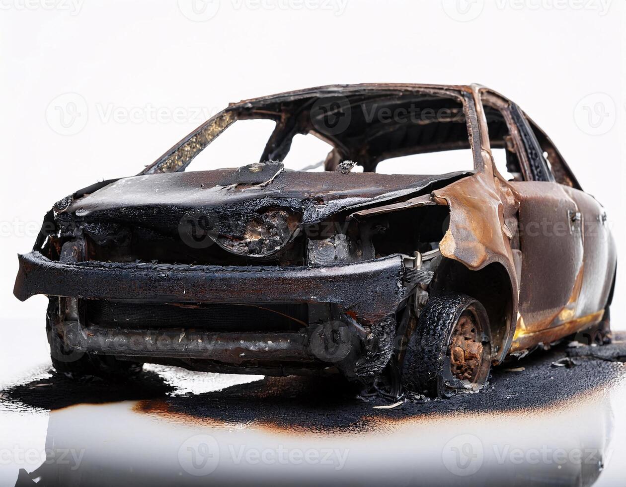 Burnt Out Destroyed Car After Fire on White Background photo