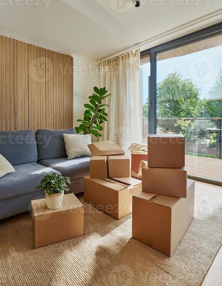Moving Journey Cardboard Boxes Scattered in a Modern Home photo