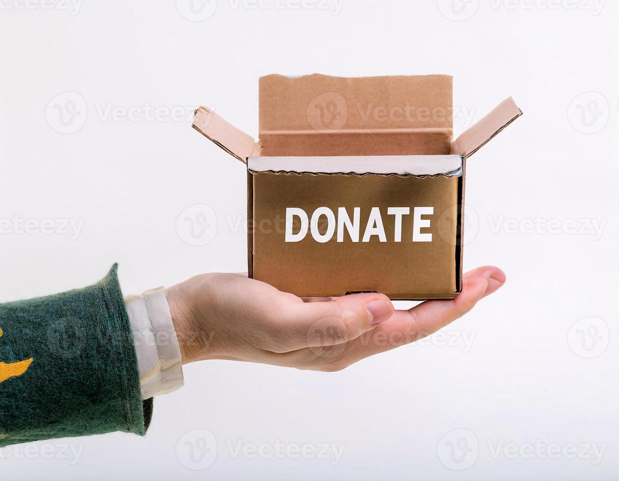 Donation Gesture, Hands Offering Box with Toy Inside on White Background photo