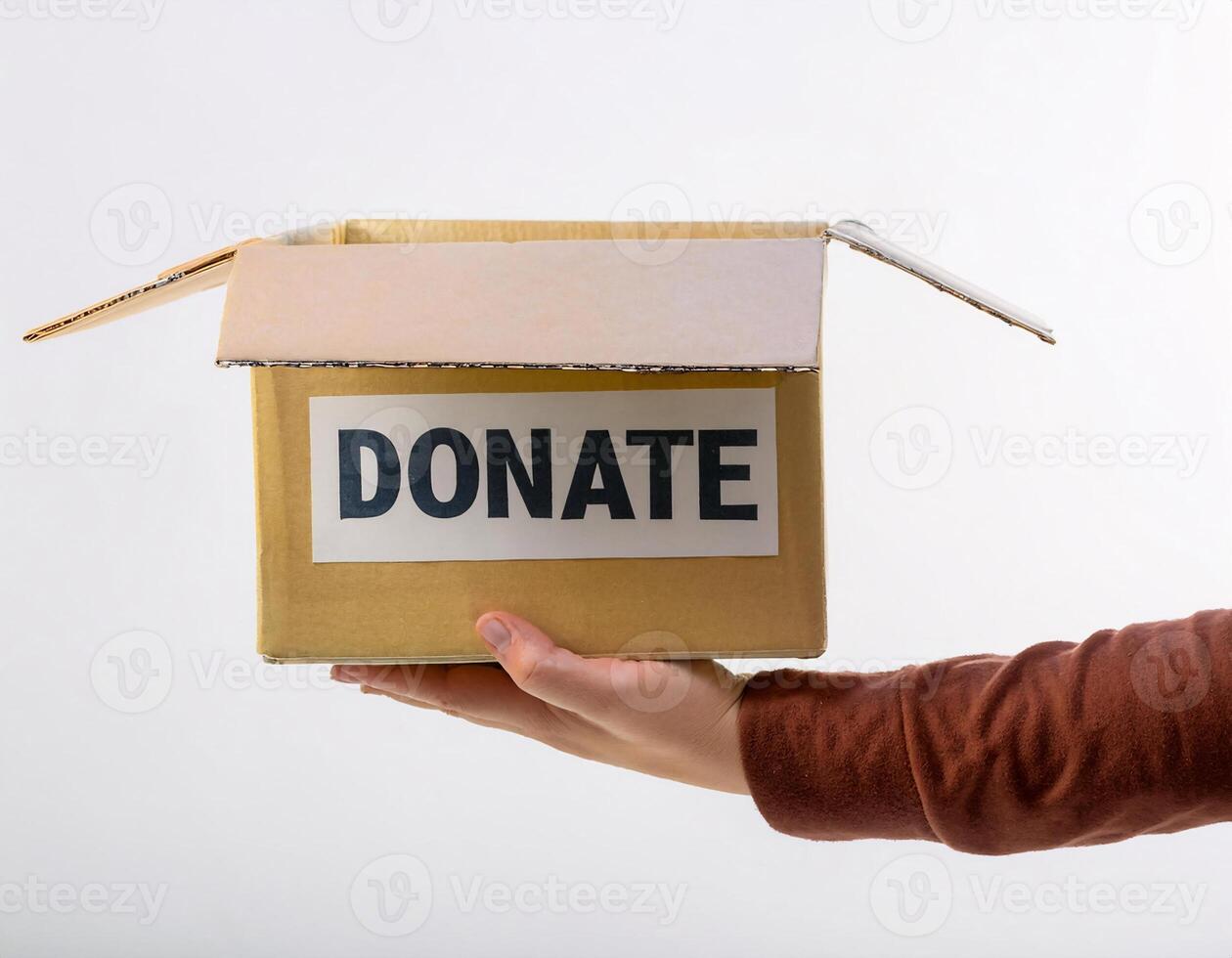 White Background Generosity, Hands Offering Donation Box with Toy Inside photo
