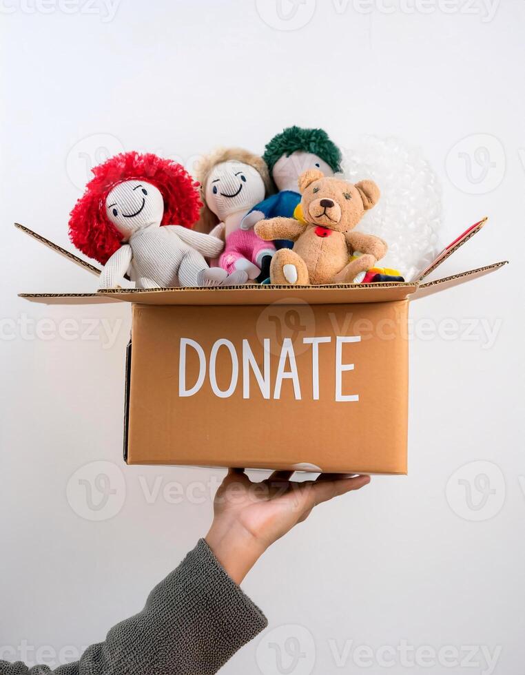 Supporting Others, Open Donation Box with Toy on Clean White Backdrop photo