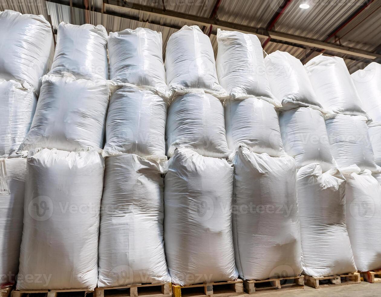 Warehouse Stacked with Numerous White Bags Ready for Distribution photo