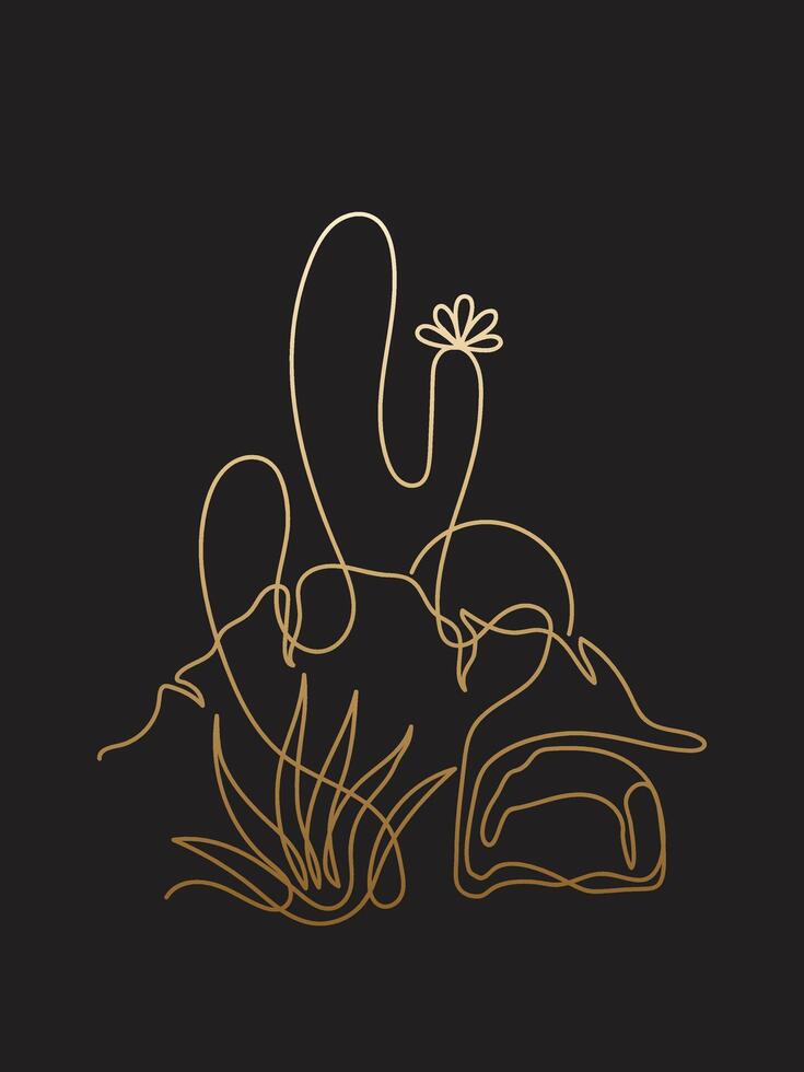 Gold silhouette abstract desert landscape drawn by one line. Design for wall art, logo, brochure. Illustration minimalist art. vector