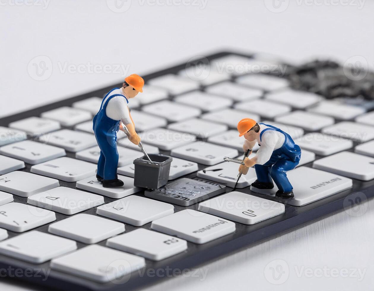 Tiny Workforce Miniature Toy Workers on a Keyboard Repair Mission photo