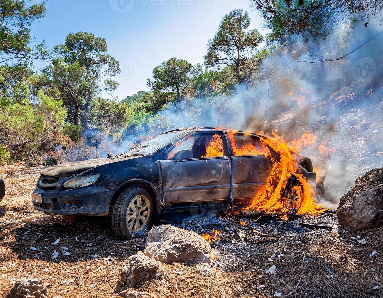 A car accident in the middle of a forest, with crash-damaged vehicles, surrounded by trees and natural photo