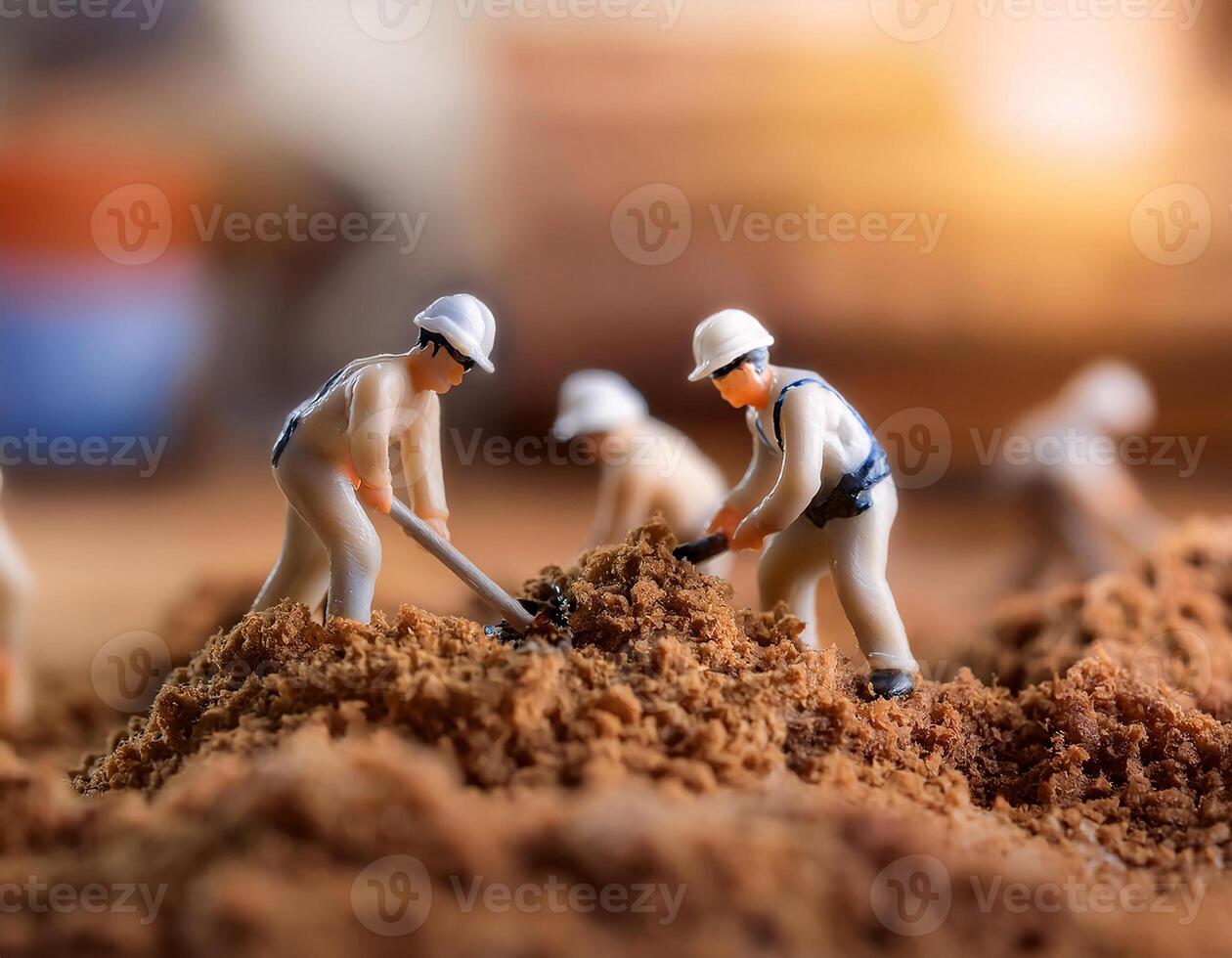 Miniature workers are diligently digging the ground at a construction site, photo