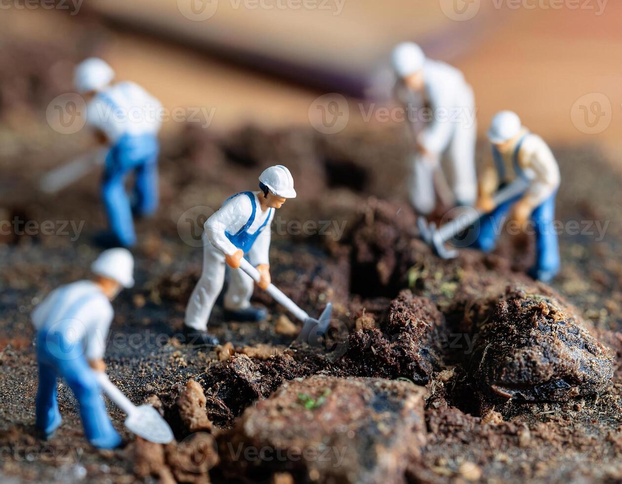 Miniature workers digging the ground at a construction site, photo