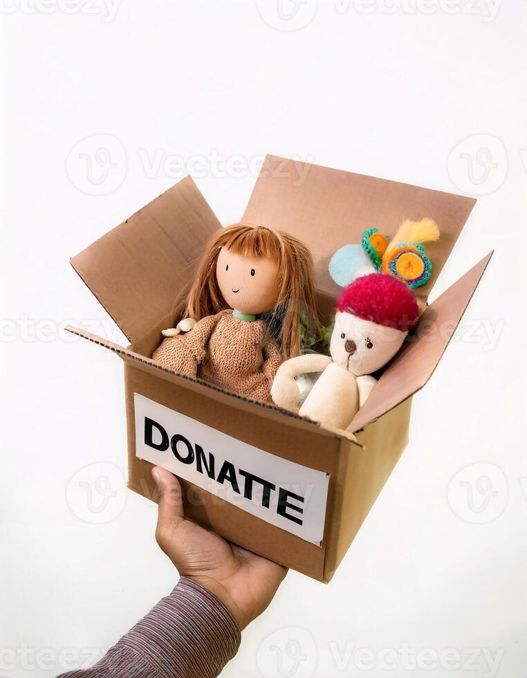 Generosity Displayed, Hands Holding a 'Donate' Box with a Toy photo