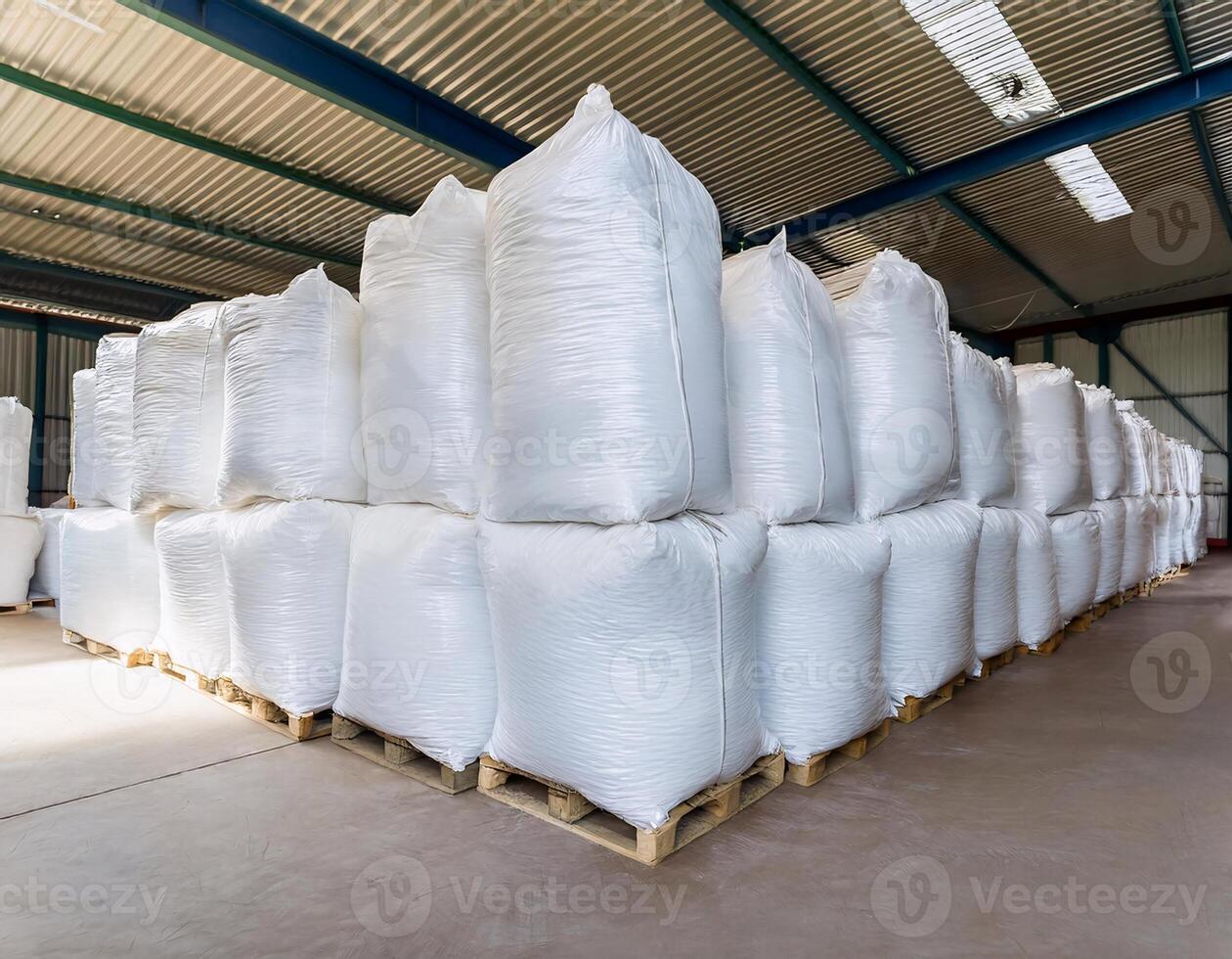 Packed White Bags in a Warehouse Storage Facility photo
