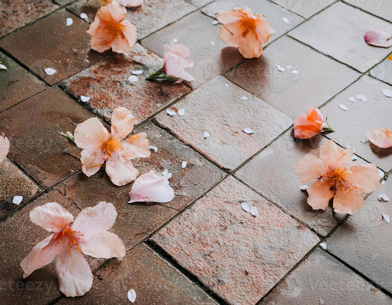 A beautiful of flowers scattered on a tiled floor, creating a soft and colorful photo