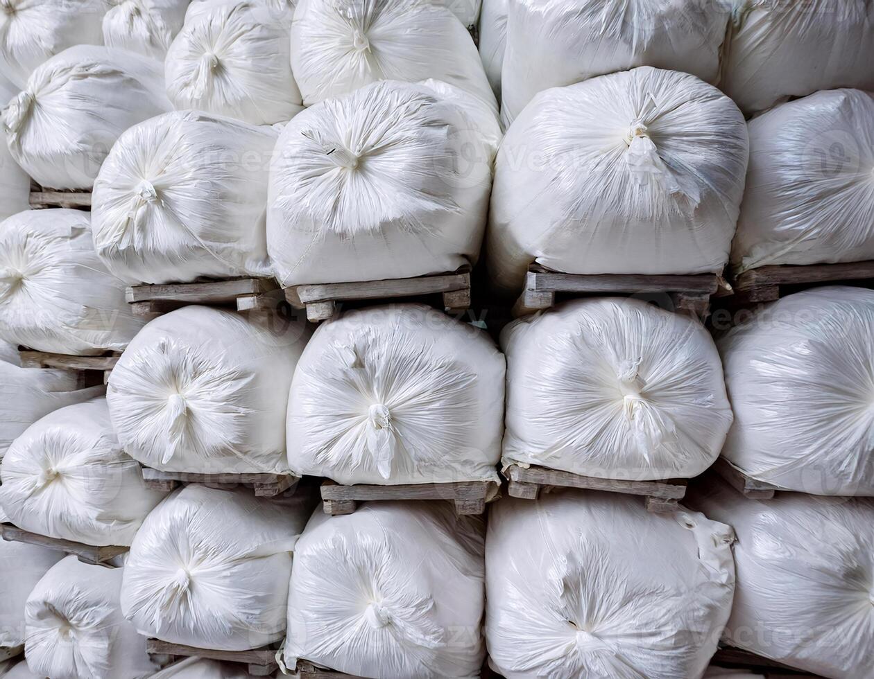 Rows of White Bags Lined Up in a Large Warehouse photo