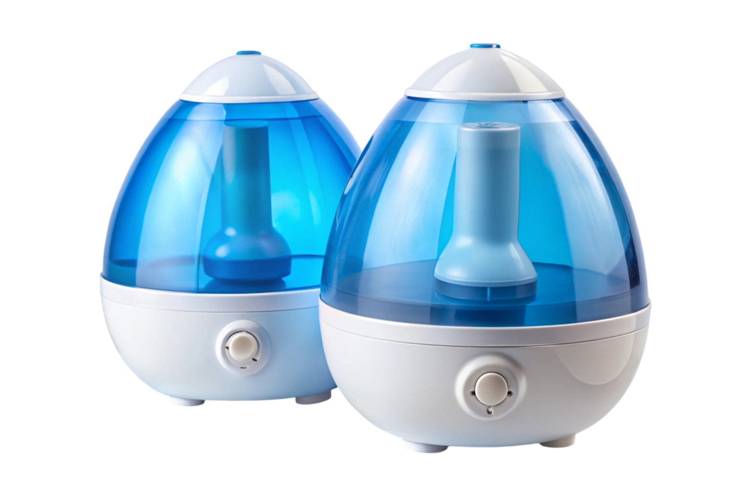 Compact ultrasonic humidifiers with blue and white design for clean air, photographed on a transparent background for product representation png
