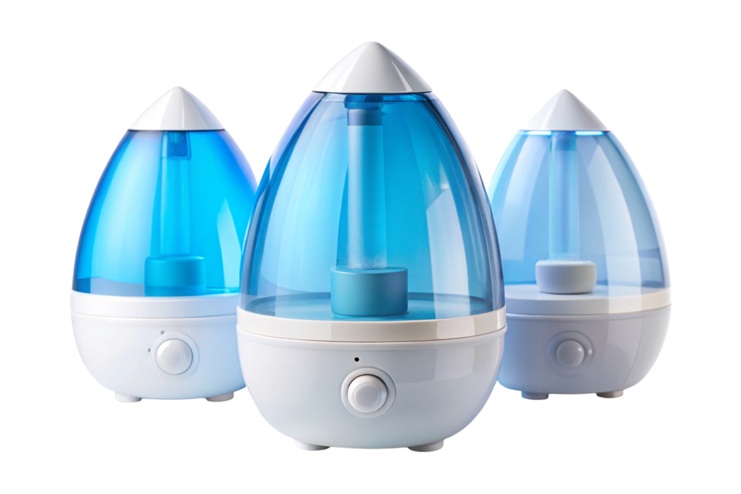 Set of modern humidifiers emitting mist, featuring sleek design and vibrant blue domes, captured on a reflective white surface png