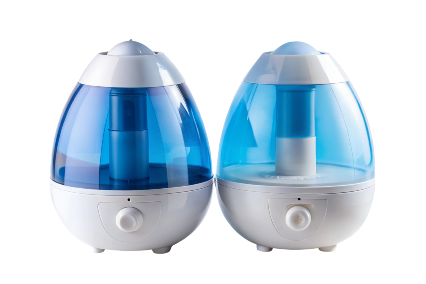 Ultrasonic humidifiers releasing vapor for air purification, displayed in close up against a bright and clean transparent background png