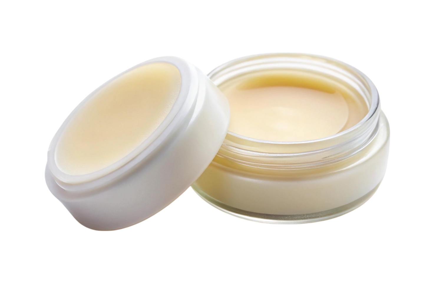 Open glass jar with natural lip balm in a creamy texture on transparent background for skincare and hydration png