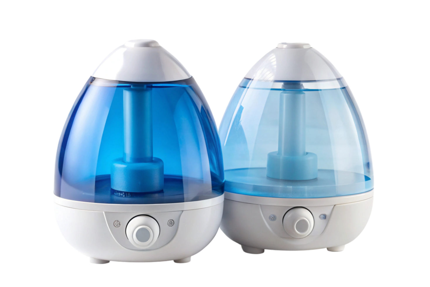Group of portable home humidifiers with glossy blue domes, showcasing functional elegance on a pristine white backdrop png