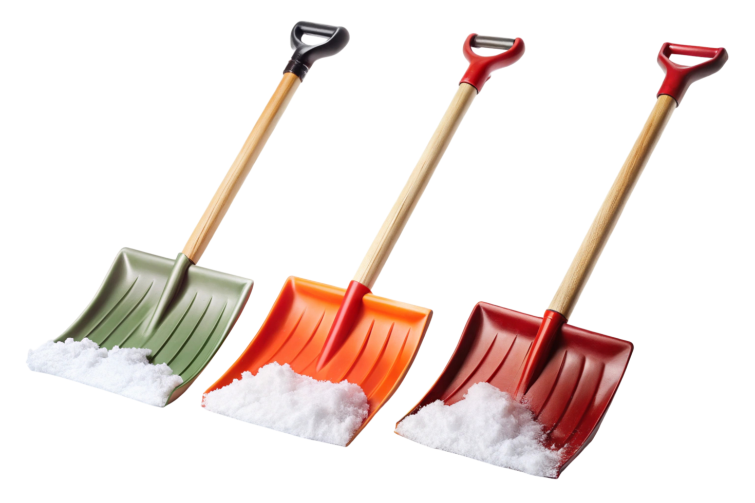 Brightly colored snow shovels featuring red, blue, and yellow blades with ergonomic wooden handles on a white backdrop png