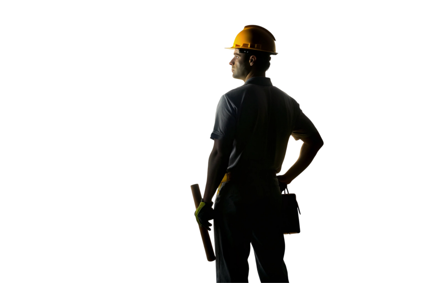 Silhouette of a construction worker in safety gear, including a hard hat and reflective vest, standing with arms on hips in front of a white backdrop png