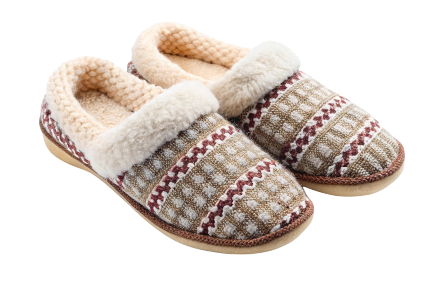 Pair of cozy plaid and knitted slippers with soft fleece lining, designed for ultimate comfort and warmth on a transparent background png