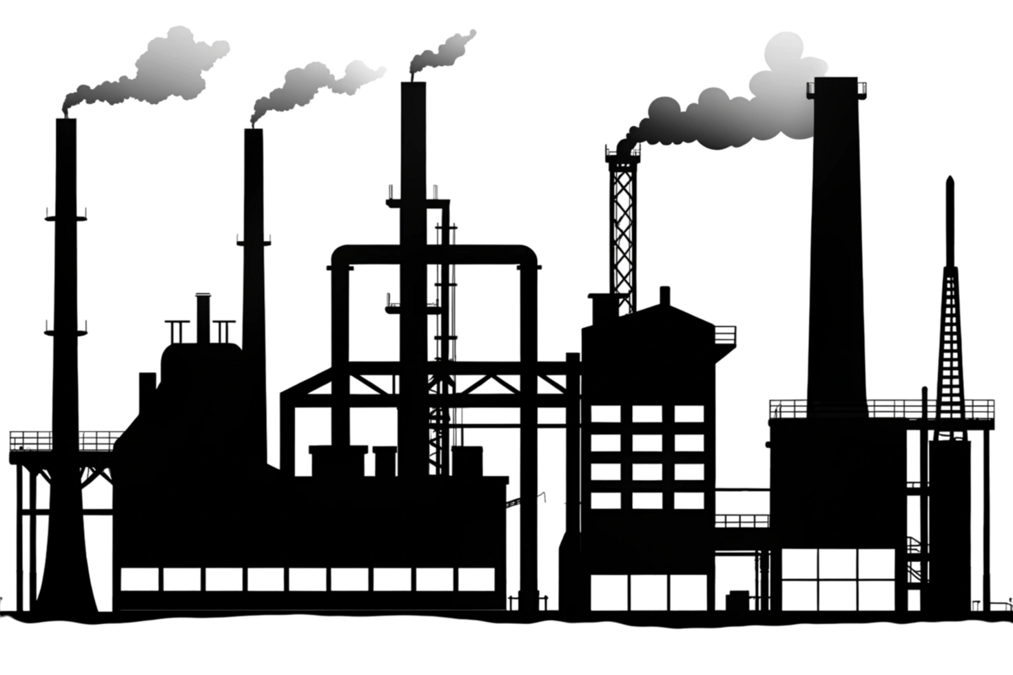 Factory and industrial complex illustration, black silhouette with environmental impact focus png