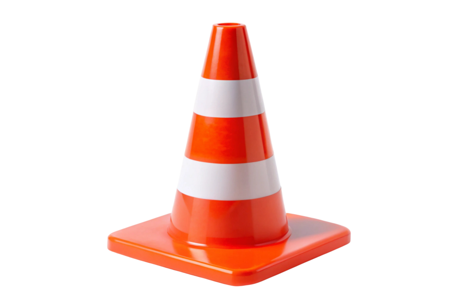 Orange and white striped traffic cone isolated on a transparent background for road safety, construction, and warning signs png