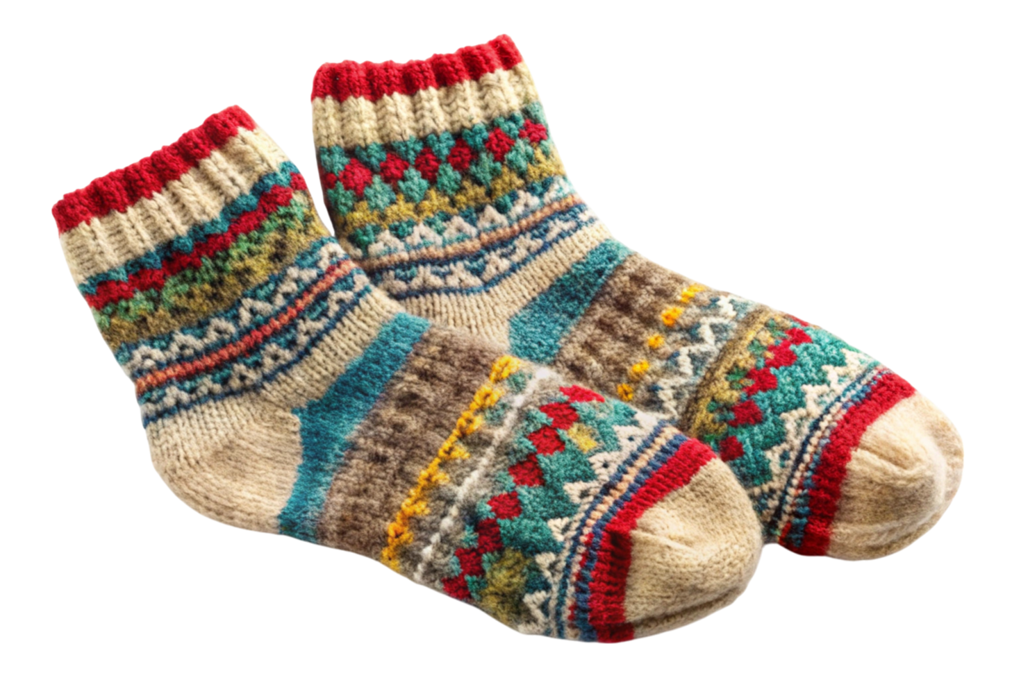 High quality woolen socks with bright and intricate patterns, highlighting traditional knitting styles, presented on a neutral transparent background png