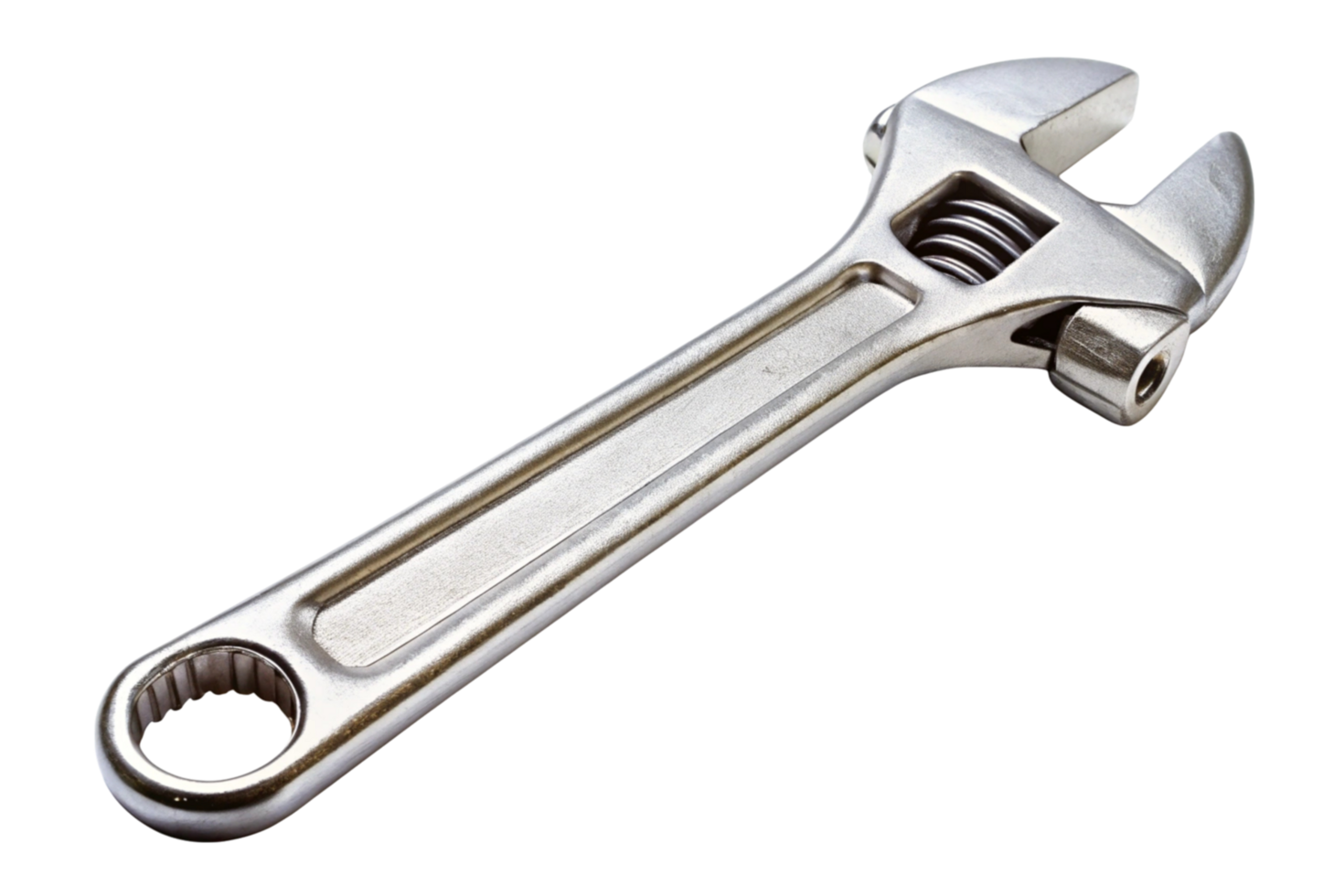 High quality close up image of a metallic adjustable wrench on a transparent background with an ergonomic handle, a perfect tool for maintenance and repairs png