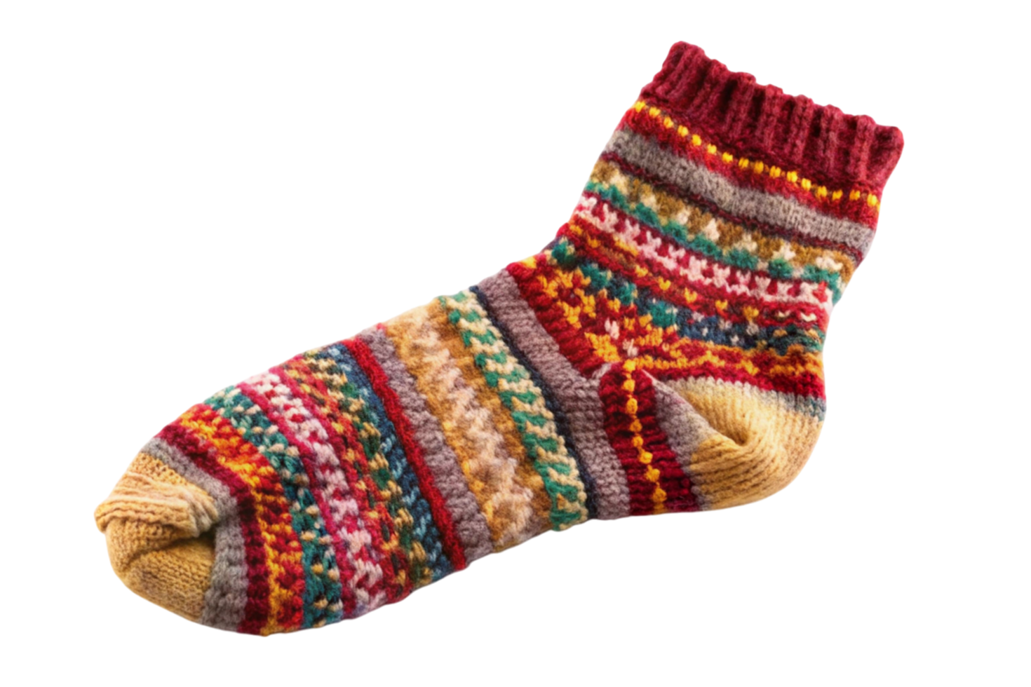 Handmade colorful woolen sock with intricate traditional patterns in warm tones, isolated on a transparent background, perfect for winter comfort png