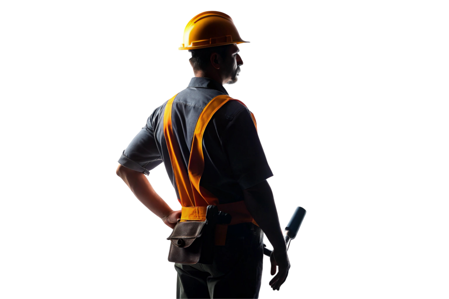 Worker with hard hat and safety harness standing in silhouette against a bright transparent background, looking thoughtful and ready for work png